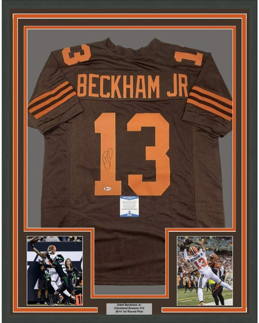 Framed Autographed/Signed Odell Beckham Jr. 35x39 Cleveland Color Rush Football Jersey Beckett BAS COA