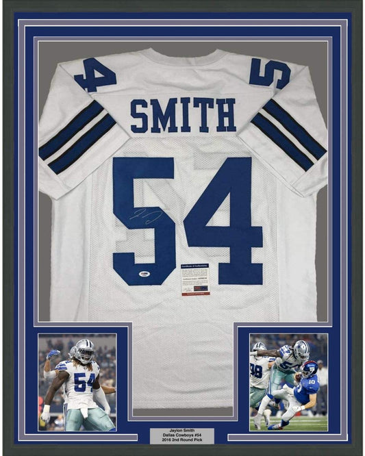 Framed Autographed/Signed Jaylon Smith 35x39 Dallas White Football Jersey PSA/DNA COA