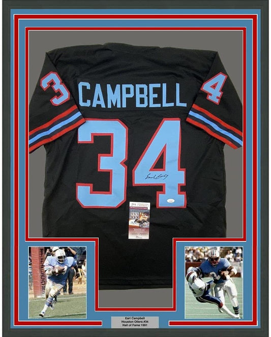 Framed Autographed/Signed Earl Campbell 35x39 Houston Black Football Jersey Beckett BAS COA