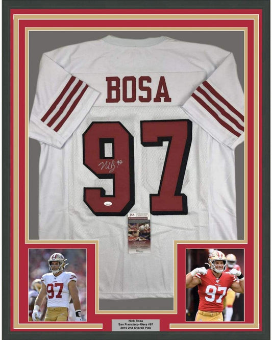 Framed Autographed/Signed Nick Bosa 35x39 San Francisco White Football Jersey JSA COA