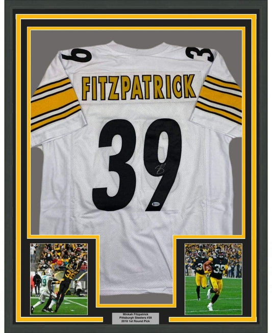 Framed Autographed/Signed Minkah Fitzpatrick 35x39 Pittsburgh White Football Jersey Beckett BAS COA