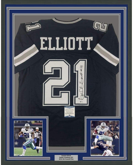 Framed Autographed/Signed Ezekiel Elliott 35x39 Dallas Dark Blue Football Jersey Beckett BAS COA