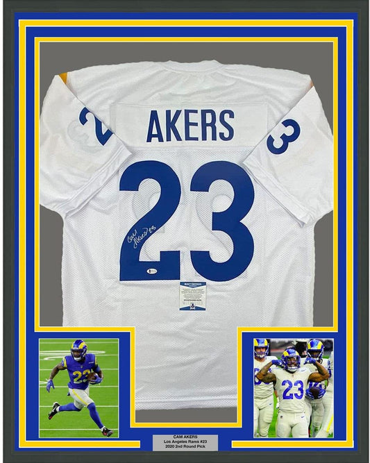 Framed Autographed/Signed Cam Akers 35x39 Los Angeles LA White Football Jersey JSA COA