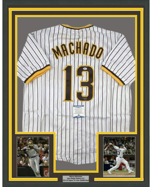 Framed Autographed/Signed Manny Machado 35x39 San Diego Pinstripe Baseball Jersey Beckett BAS COA