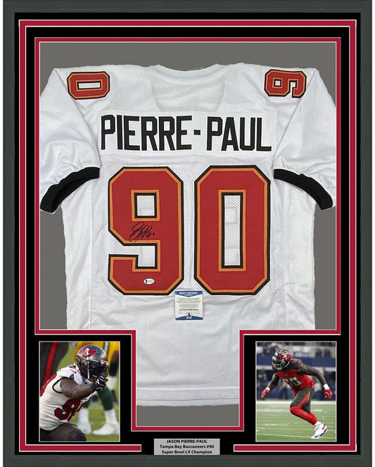 Framed Autographed/Signed Jason Pierre-Paul 35x39 Tampa Bay White Football Jersey Beckett BAS COA