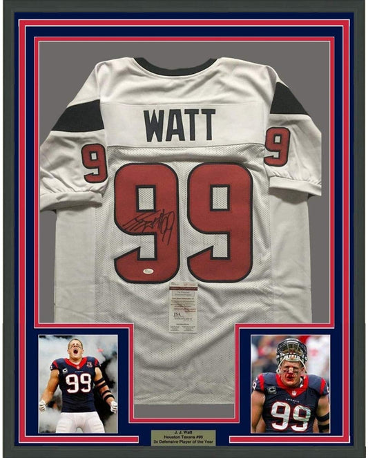 Framed Autographed/Signed J.J. JJ Watt 35x39 Houston White Football Jersey JSA COA