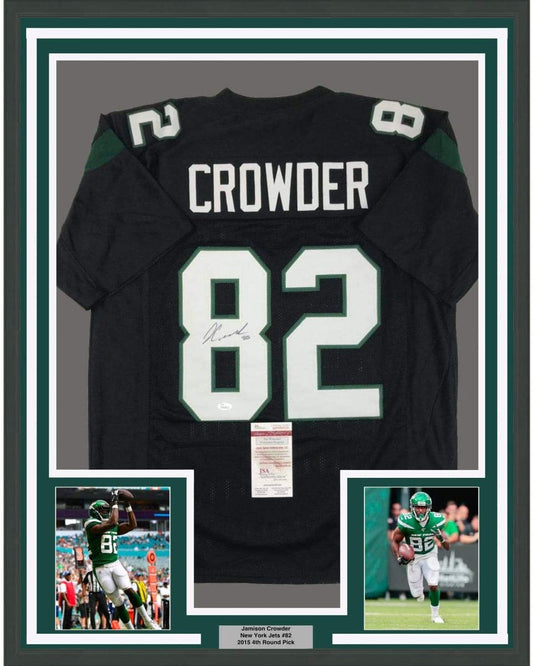 Framed Autographed/Signed Jamison Crowder 35x39 New York Black Football Jersey JSA COA