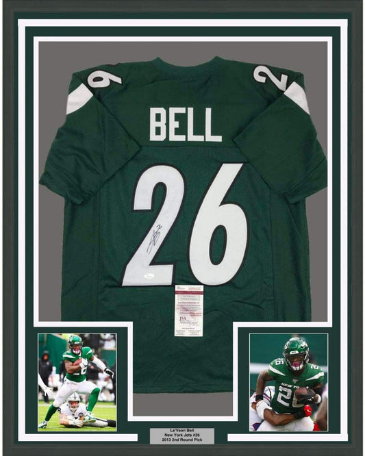 Framed Autographed/Signed Le'Veon LeVeon Bell 35x39 New York Green Football Jersey JSA COA