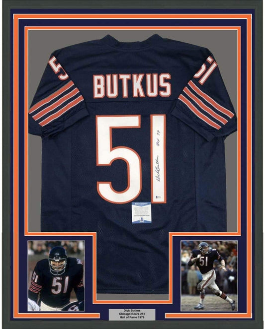 Framed Autographed/Signed Dick Butkus HOF 79 35x39 Chicago Blue Football Jersey Beckett BAS COA