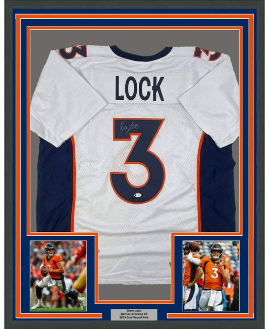 Framed Autographed/Signed Drew Lock Denver White Football Jersey Beckett BAS COA