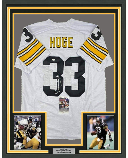 Framed Autographed/Signed Merril Hoge 35x39 Pittsburgh White Football Jersey JSA COA