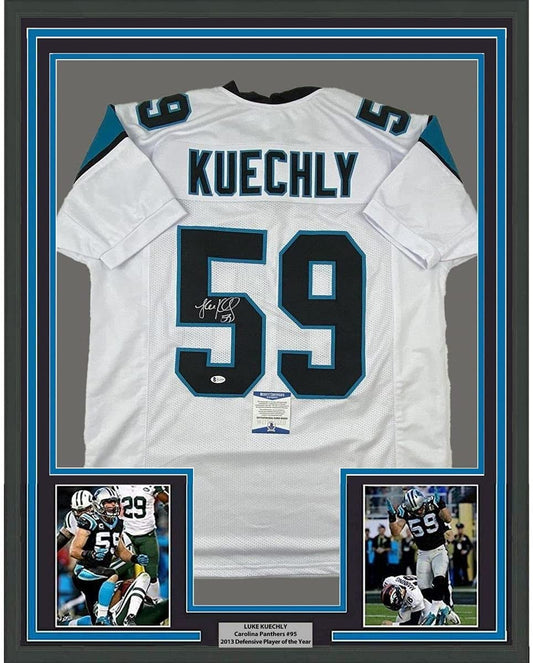 Framed Autographed/Signed Luke Kuechly 35x39 Carolina White Football Jersey Beckett BAS COA
