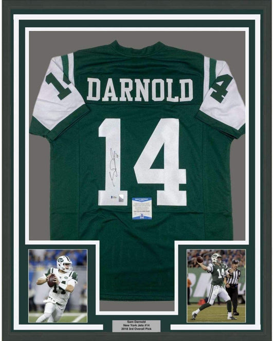 Framed Autographed/Signed Sam Darnold 35x39 New York Green Rookie Football Jersey Beckett BAS COA