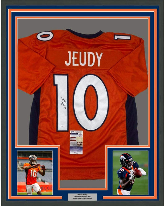 Framed Autographed/Signed Jerry Jeudy 35x39 Denver Orange Football Jersey JSA COA