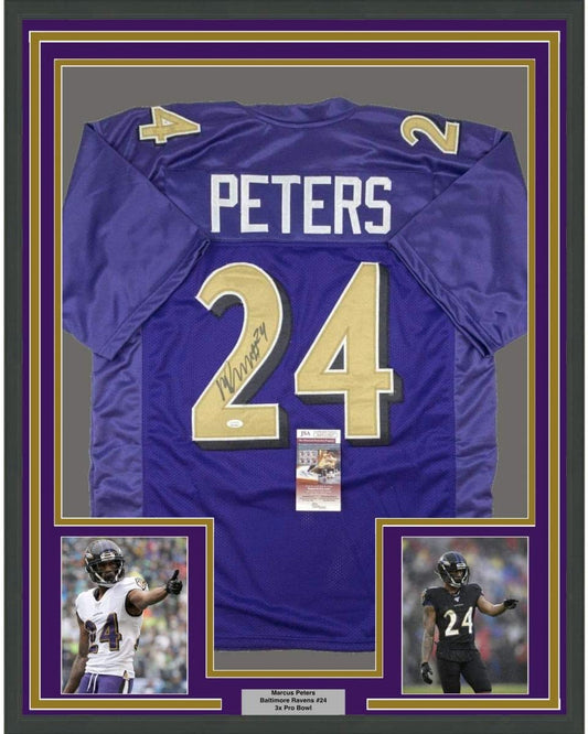 Framed Autographed/Signed Marcus Peters 35x39 Baltimore Color Rush Football Jersey JSA COA
