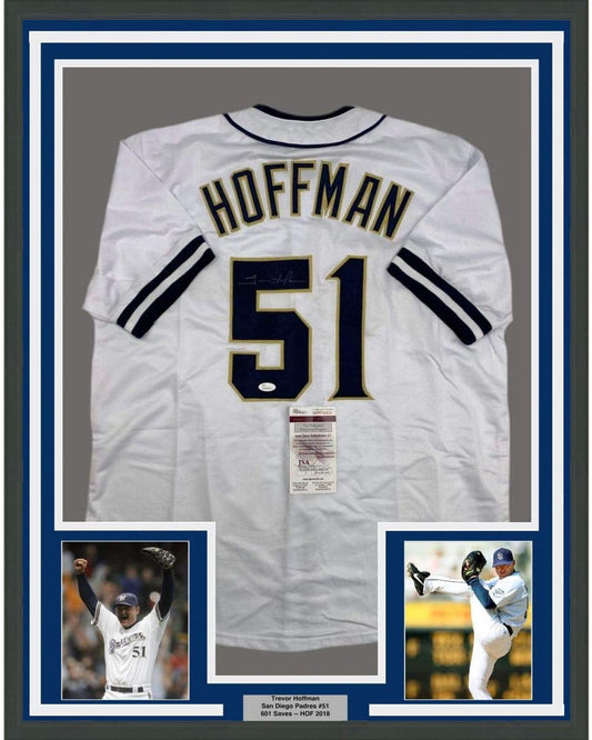 Framed Autographed/Signed Trevor Hoffman 35x39 San Diego White Baseball Jersey JSA COA