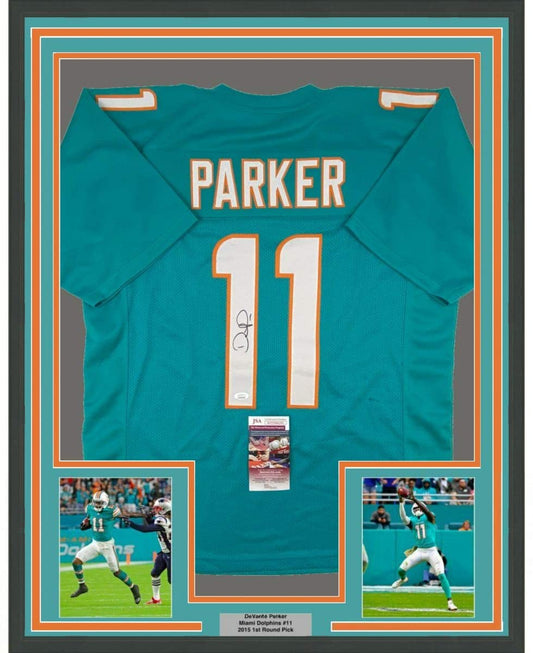 Framed Autographed/Signed Devante Parker 35x39 Miami Teal Football Jersey JSA COA