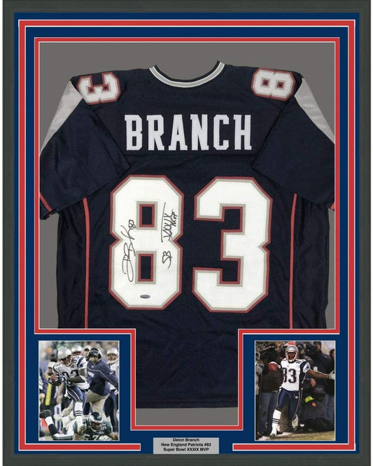Framed Autographed/Signed Deion Branch 35x39 Super Bowl XXXIX MVP New England Blue Football Jersey Tristar COA