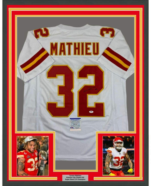 Framed Autographed/Signed Tyrann Mathieu 35x39 Kansas City White Football Jersey PSA/DNA COA