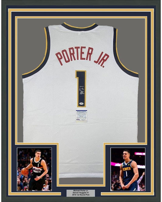 Framed Autographed/Signed Michael Porter Jr. 35x39 Denver White Basketball Jersey PSA/DNA COA