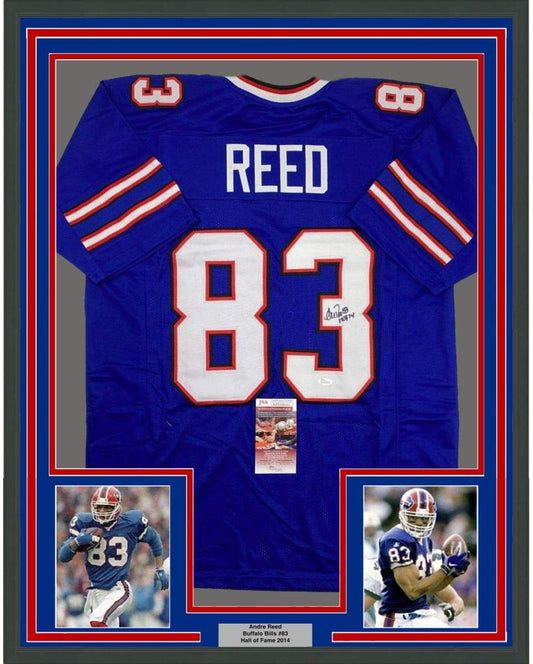 Framed Autographed/Signed Andre Reed HOF 14 35x39 Buffalo Blue Football Jersey JSA COA