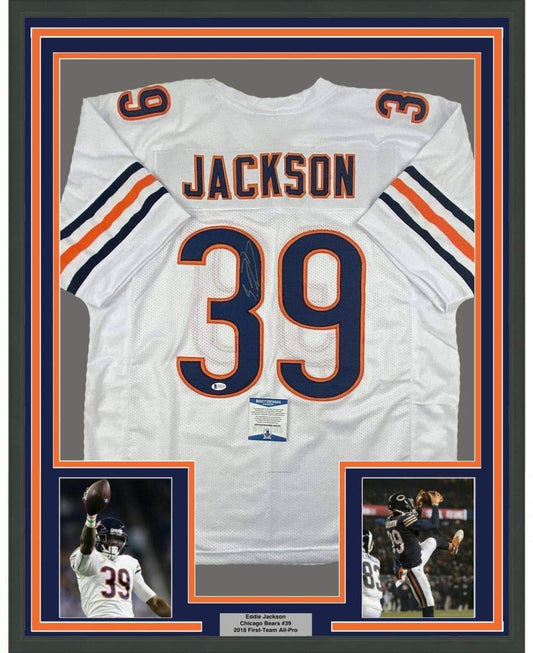 Framed Autographed/Signed Eddie Jackson 35x39 Chicago White Football Jersey Beckett BAS COA