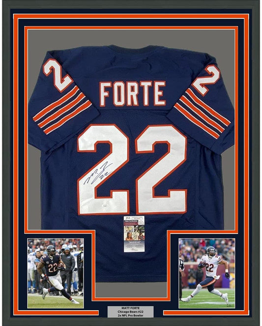 Framed Autographed/Signed Matt Forte 35x39 Chicago Blue Football Jersey JSA COA