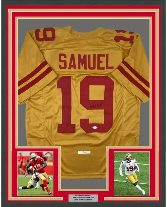 Framed Autographed/Signed Deebo Samuel 35x39 San Francisco Gold Football Jersey JSA COA