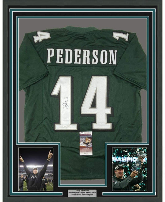 Framed Autographed/Signed Doug Pederson SB LII 35x39 Philadelphia Green Football Jersey JSA COA
