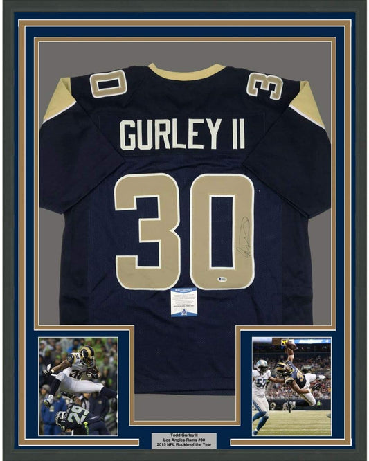 Framed Autographed/Signed Todd Gurley II 35x39 Los Angeles LA Rams Dark Blue Football Jersey Beckett BAS COA