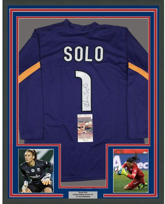 Framed Autographed/Signed Hope Solo 35x39 Purple Long Sleeve Soccer Team USA World Cup Jersey JSA COA