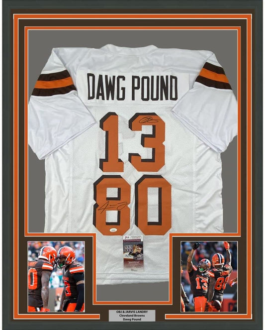 Framed Autographed/Signed Odell Beckham Jr. & Jarvis Landry 35x39 Cleveland White Football Jersey JSA COA