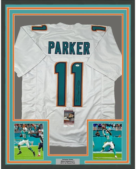 Framed Autographed/Signed Devante Parker 35x39 Miami White Football Jersey JSA COA