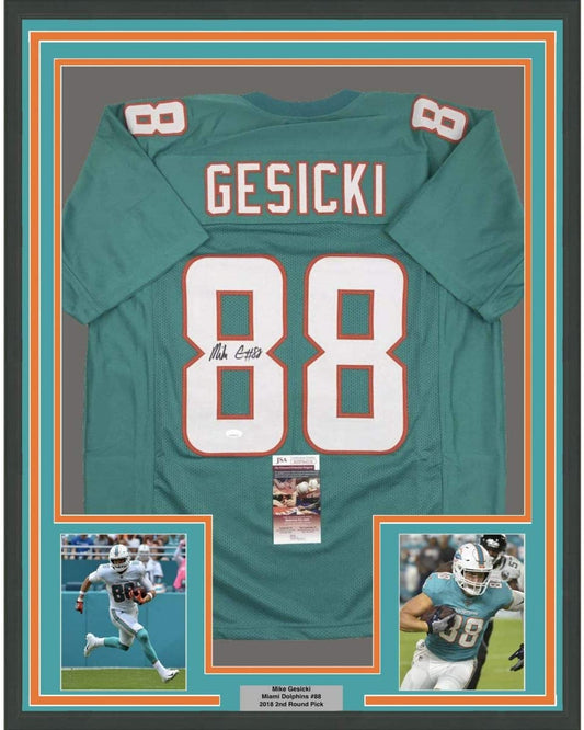 Framed Autographed/Signed Mike Gesicki 35x39 Miami Teal Football Jersey JSA COA
