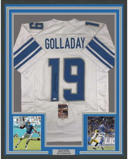 Framed Autographed/Signed Kenny Golladay 35x39 Detroit White Football Jersey JSA COA