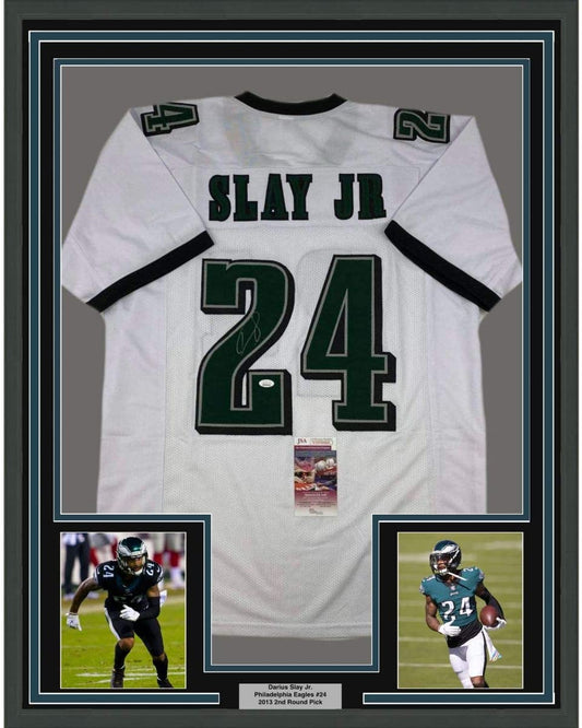 Framed Autographed/Signed Darius Slay Jr. 35x39 Philadelphia White Football Jersey JSA COA