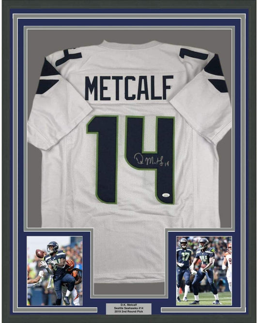 Framed Autographed/Signed DK D.K. Metcalf 35x39 Seattle White Football Jersey JSA COA