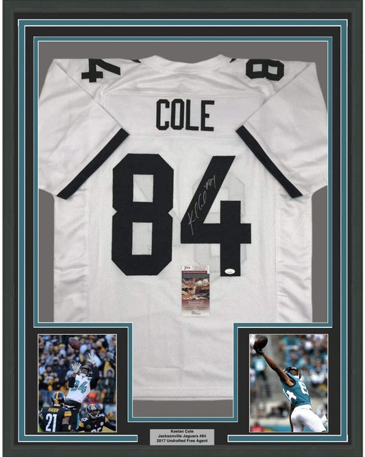 Framed Autographed/Signed Keelan Cole 35x39 Jacksonville White Football Jersey JSA COA