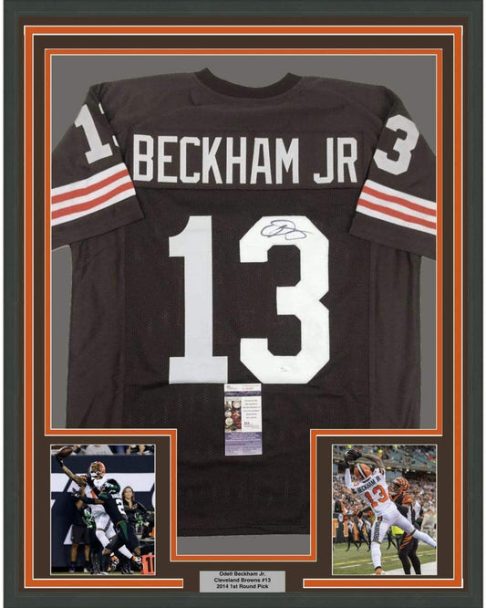 Framed Autographed/Signed Odell Beckham Jr. 35x39 Cleveland Retro Brown Football Jersey JSA COA