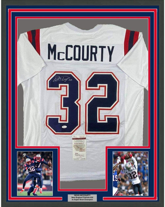 Framed Autographed/Signed Devin McCourty 35x39 New England White Football Jersey JSA COA