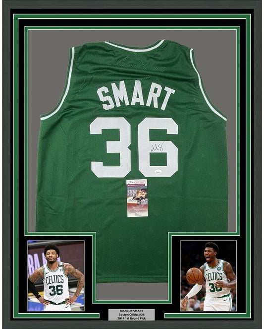 Framed Autographed/Signed Marcus Smart 35x39 Boston Green Basketball Jersey JSA COA