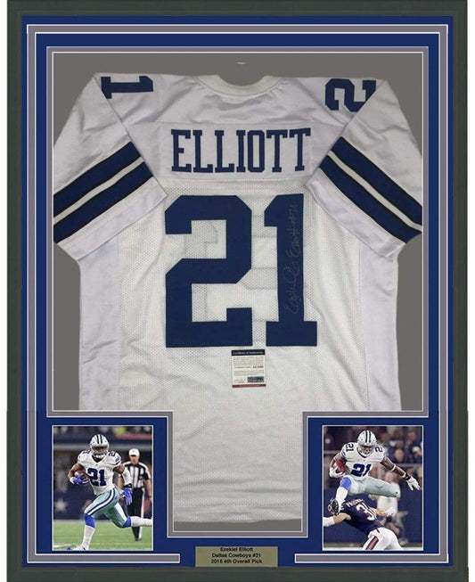 Framed Autographed/Signed Ezekiel Elliott 35x39 Dallas White Football Jersey PSA/DNA COA