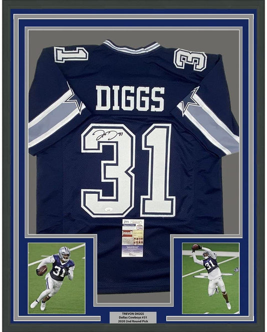 Framed Autographed/Signed Trevon Diggs 35x39 Dallas Dark Blue Football Jersey JSA COA