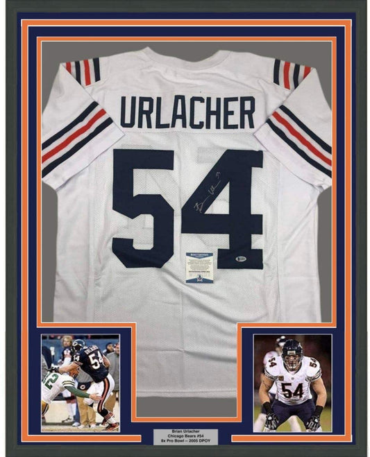 Framed Autographed/Signed Brian Urlacher 35x39 Chicago Retro White Football Jersey Beckett BAS COA