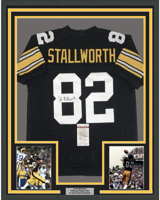 Framed Autographed/Signed John Stallworth 35x39 Pittsburgh Black Football Jersey JSA COA