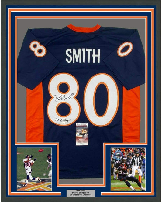 Framed Autographed/Signed Rod Smith 2x SB Champ 35x39 Denver Blue Football Jersey JSA COA