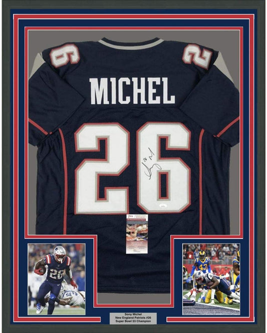 Framed Autographed/Signed Sony Michel 35x39 New England Blue Football Jersey JSA COA