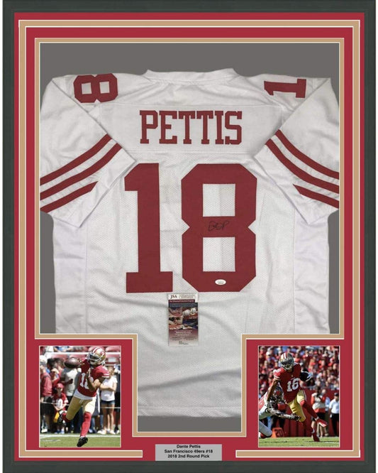 Framed Autographed/Signed Dante Pettis 35x39 San Francisco White Football Jersey JSA COA