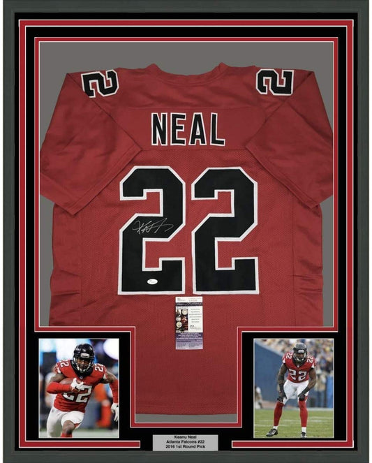 Framed Autographed/Signed Keanu Neal 35x39 Atlanta Color Rush Football Jersey JSA COA