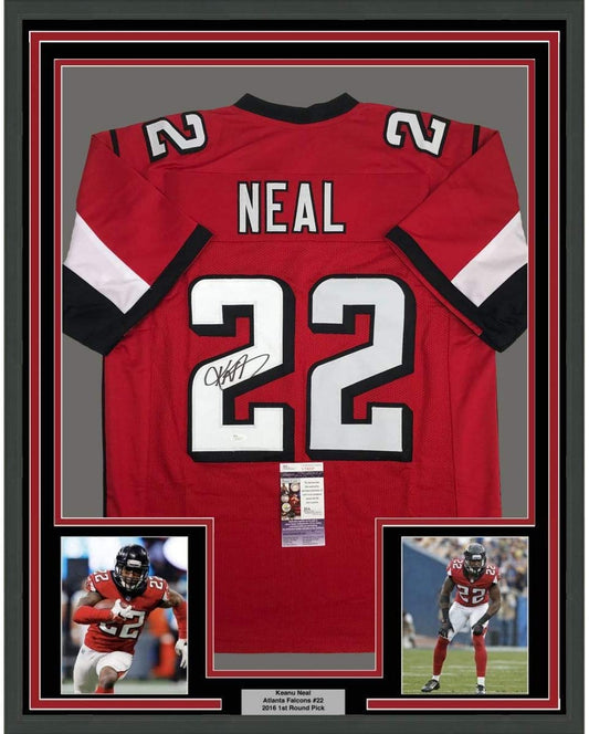 Framed Autographed/Signed Keanu Neal 35x39 Atlanta Red Football Jersey JSA COA